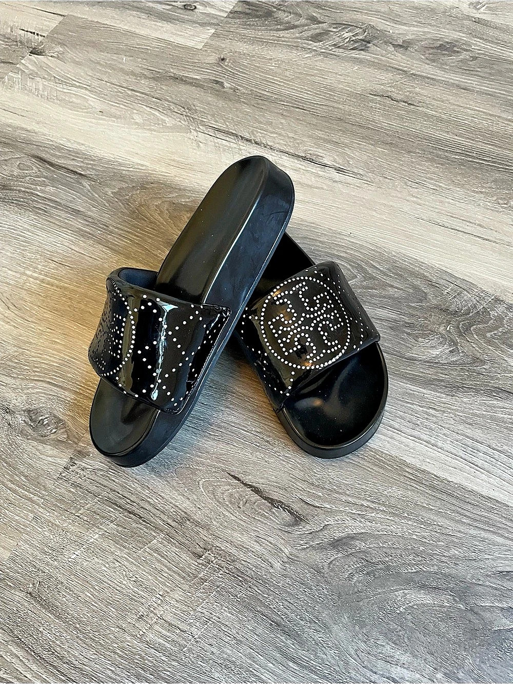 Tory Burch Double T Pool Slide Embellished Black Sandals
